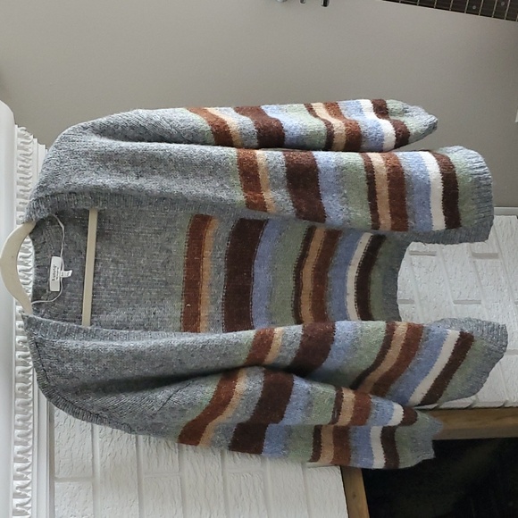 b.young Grey Oversized Byoksana Stripe Wool Blend Preppy Eclectic Cardigan S - Picture 3 of 14